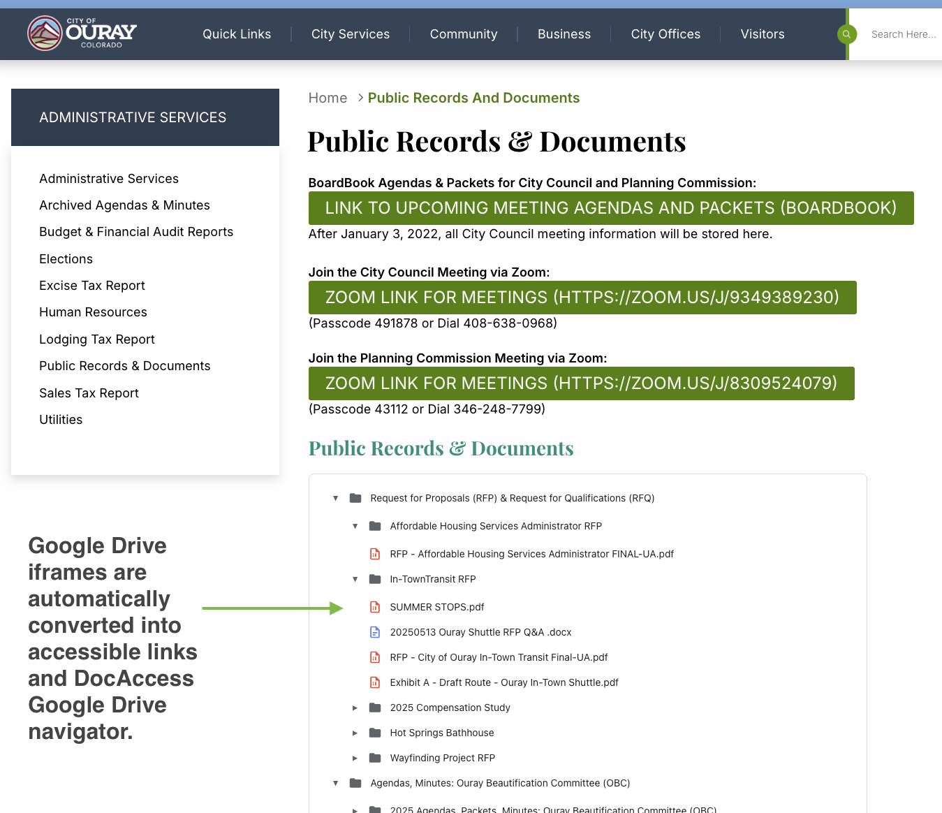 Showing Google Drive iframes are automatically converted into accessible links and DocAccess Google Drive navigator