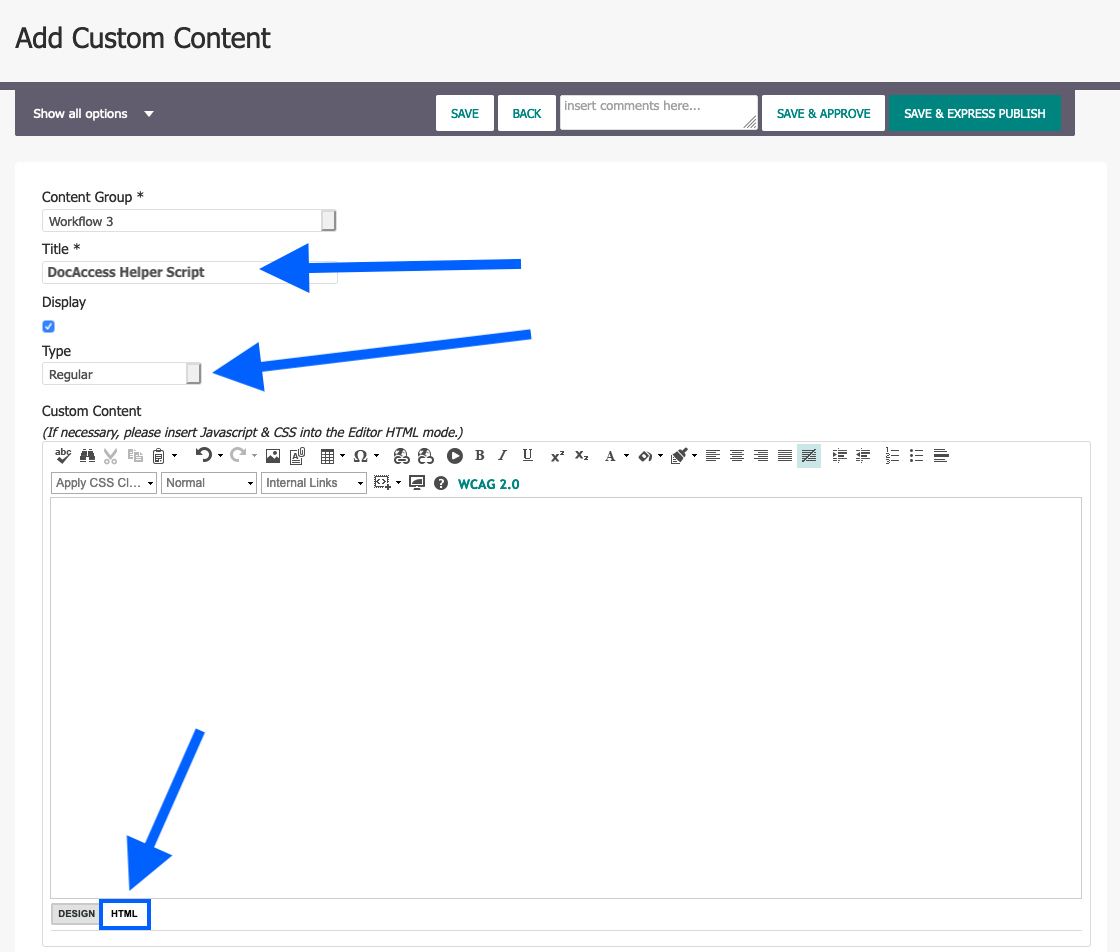 Granicus: Add Custom Content - Title, Type, HTML