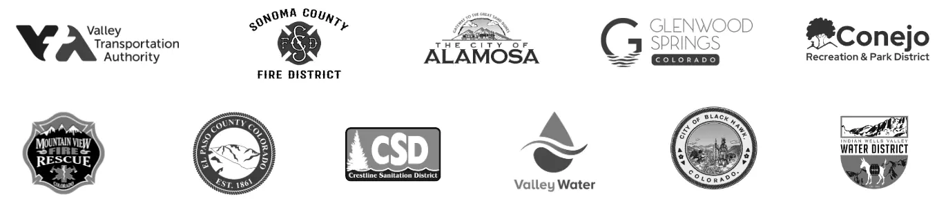 Black-and-white banner displaying logos of organizations served by DocAccess, including: Valley Transportation Authority; Sonoma County Fire District; City of Alamosa, Colorado; Glenwood Springs, Colorado; Conejo Recreation & Park District; Mountain View Fire Rescue, Colorado; El Paso County, Colorado; Crestline Sanitation District; Valley Water; City of Black Hawk, Colorado; Indian Wells Valley Water District.