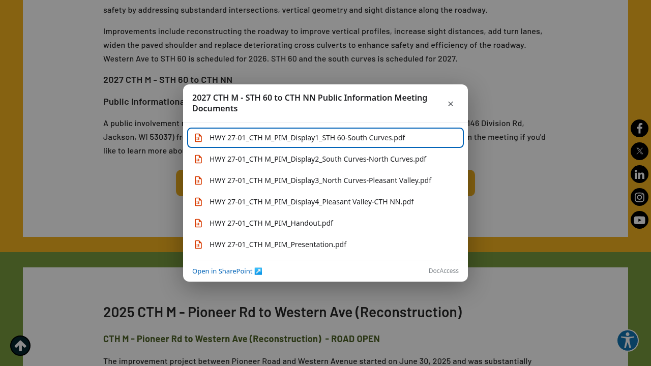 A DocAccess pop-up listing the PDF documents inside a shared SharePoint folder, each with a file icon and an 'Open in SharePoint' link